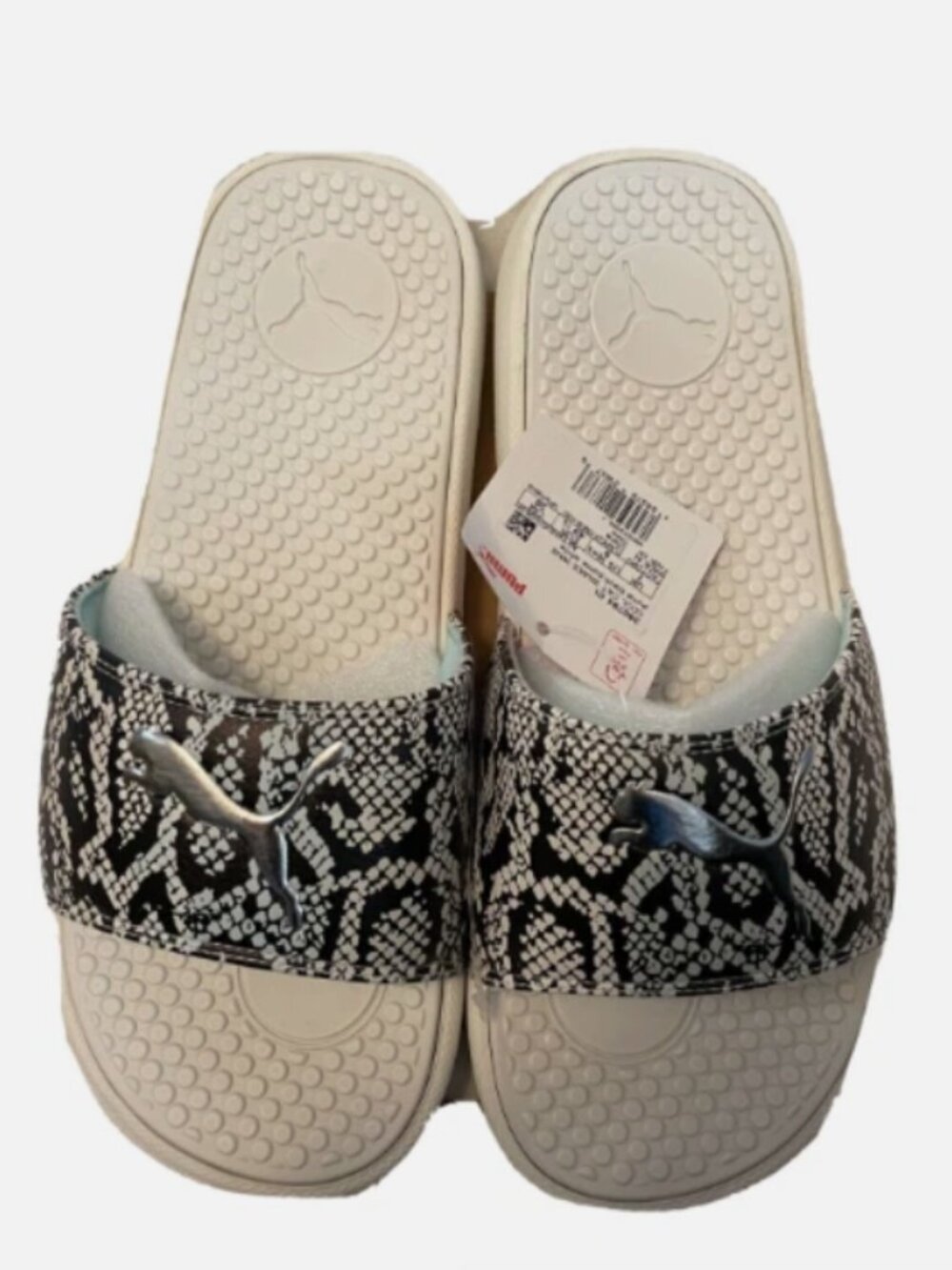 PUMA Slides Womens 9 Cool Cat White Black Animal Print Cushioned Sandals